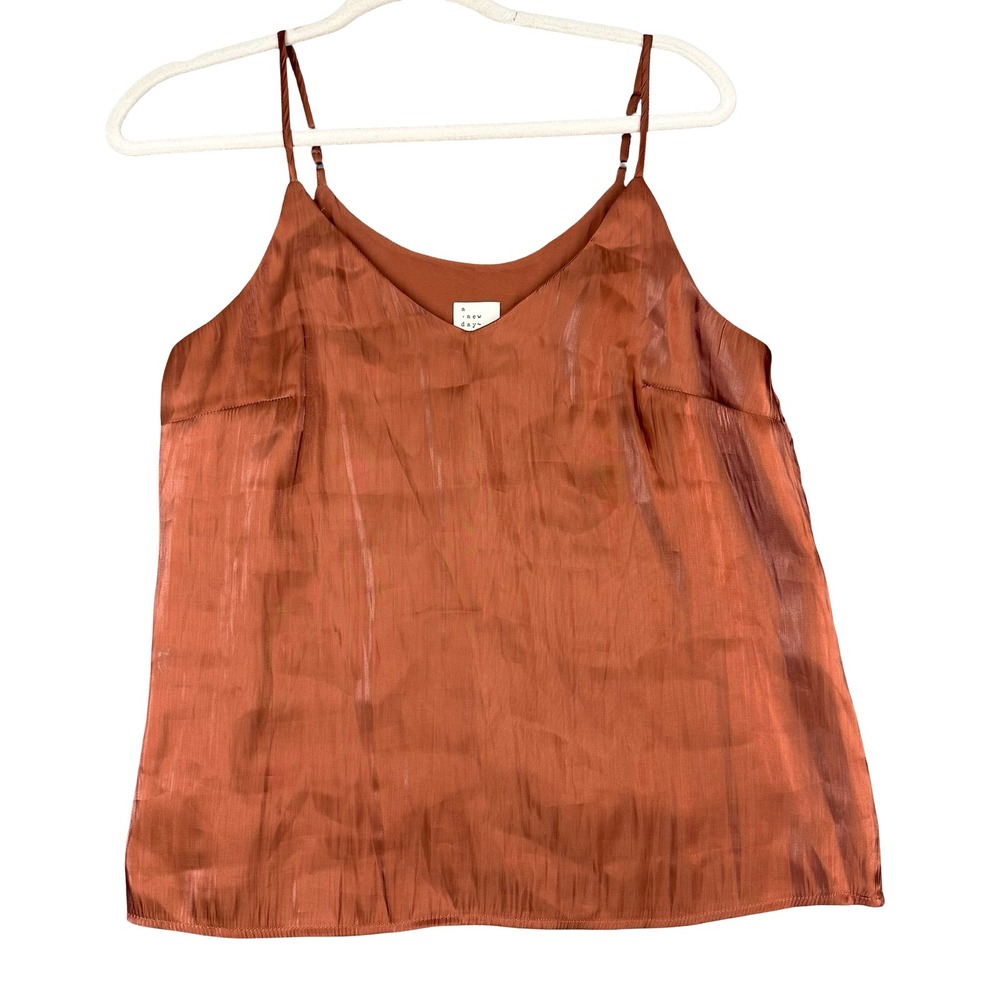 A New Day Cami Womens Small Copper Satin Tank Top Adjustable Straps Minimal Chic - Picture 2 of 8